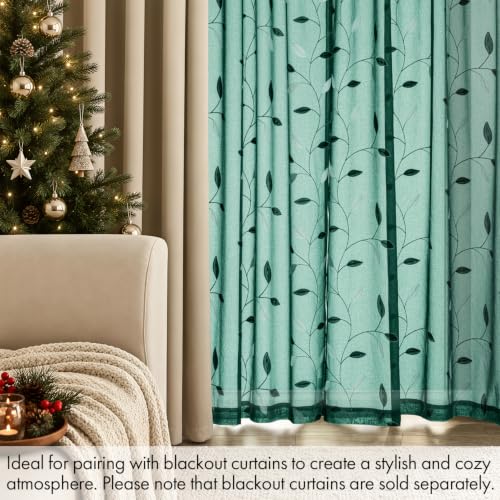 MIULEE Christmas Hunter Green Sheer Curtains Leaf Patterned 52"W x 96"L, Pack of 2