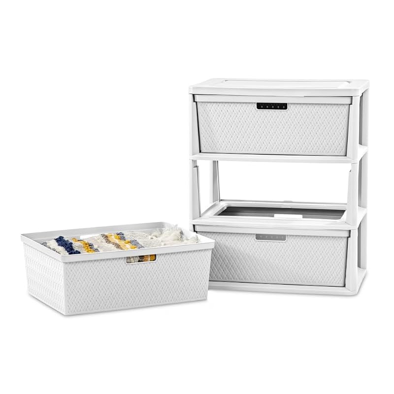 2 Pack Wide 3-Drawer Storage Tower with Removable Bins — White Cross-Weave Organizer (Variation: White)