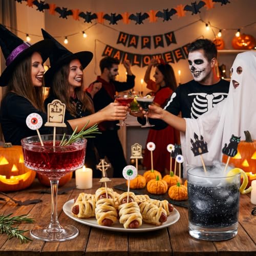 Black Halloween Cocktail Picks 100pcs Eyeball Tombstone Castle Design Party Toothpicks