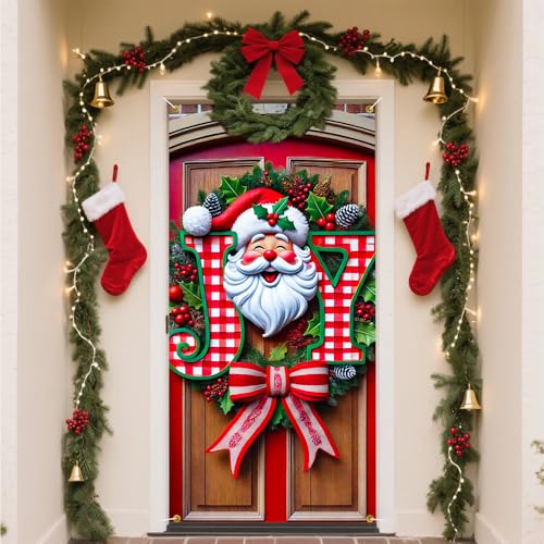 JOY Santa Face Door Cover with Gingham Letters - Red Christmas Decoration - Variation 01