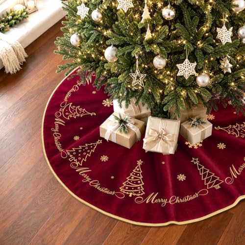 Christmas Tree Skirt Gold Embroidery 60 Inch Red Velvet Tree Decor - Variation of Tree Red / 60 Inch