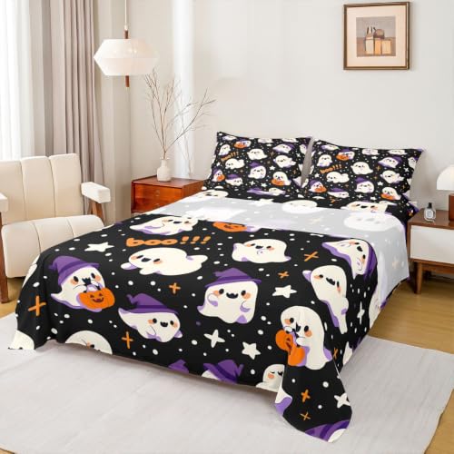 King Size Kids Ghost Bed Sheet Set with Bow Tie Pumpkin Stars Halloween Bedding - Brown