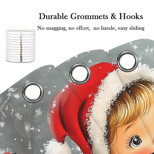 Grey Vintage Christmas Girl Shower Curtain - Retro Winter Snow Scene, 69x70in, Waterproof Fabric with Hooks