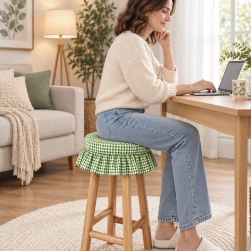 Gingham Ruffled Stool Covers 2-Pack - Green & White Plaid Home Decor