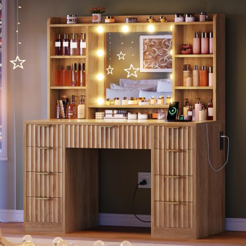 Fluted Vanity Desk with Mirror & 9 Drawers, 6 Open Shelves, 10 Bulbs, 3 Lighting Modes, Built-in Outlet