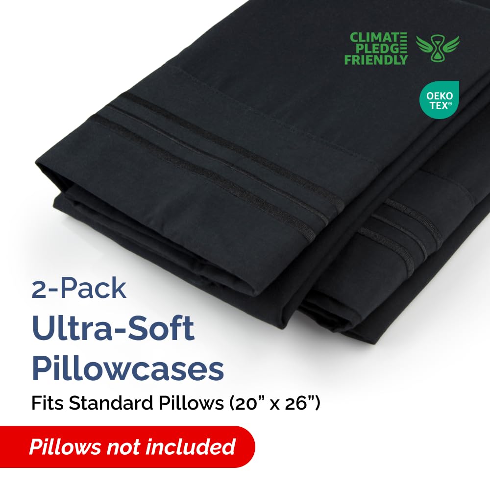 Standard Pillow Cases Set of 2 - Ultra-Soft Hotel Quality Pillowcase Covers - Comfy & Wrinkle Free - Stain and Fade Resistant - Machine Washable Pillow Protectors - 2 Piece Set - Standard Size Black