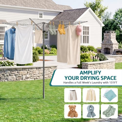 Outdoor Clothes Drying Rack 131ft Umbrella Style with 360° Rotatable Top Gray