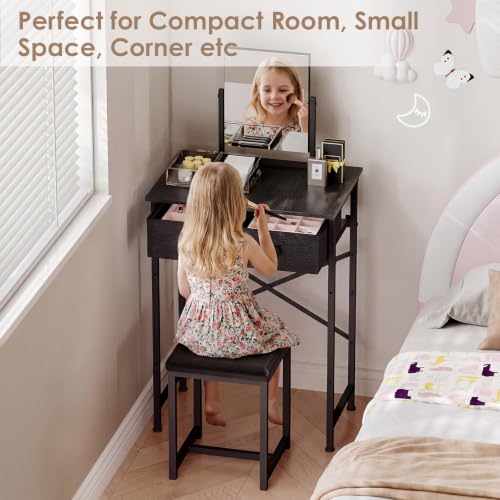 Black Vanity Desk with Mirror & Chair - 19.7in Mini Dressing Table Set for Kids & Teens (Variation: Black)