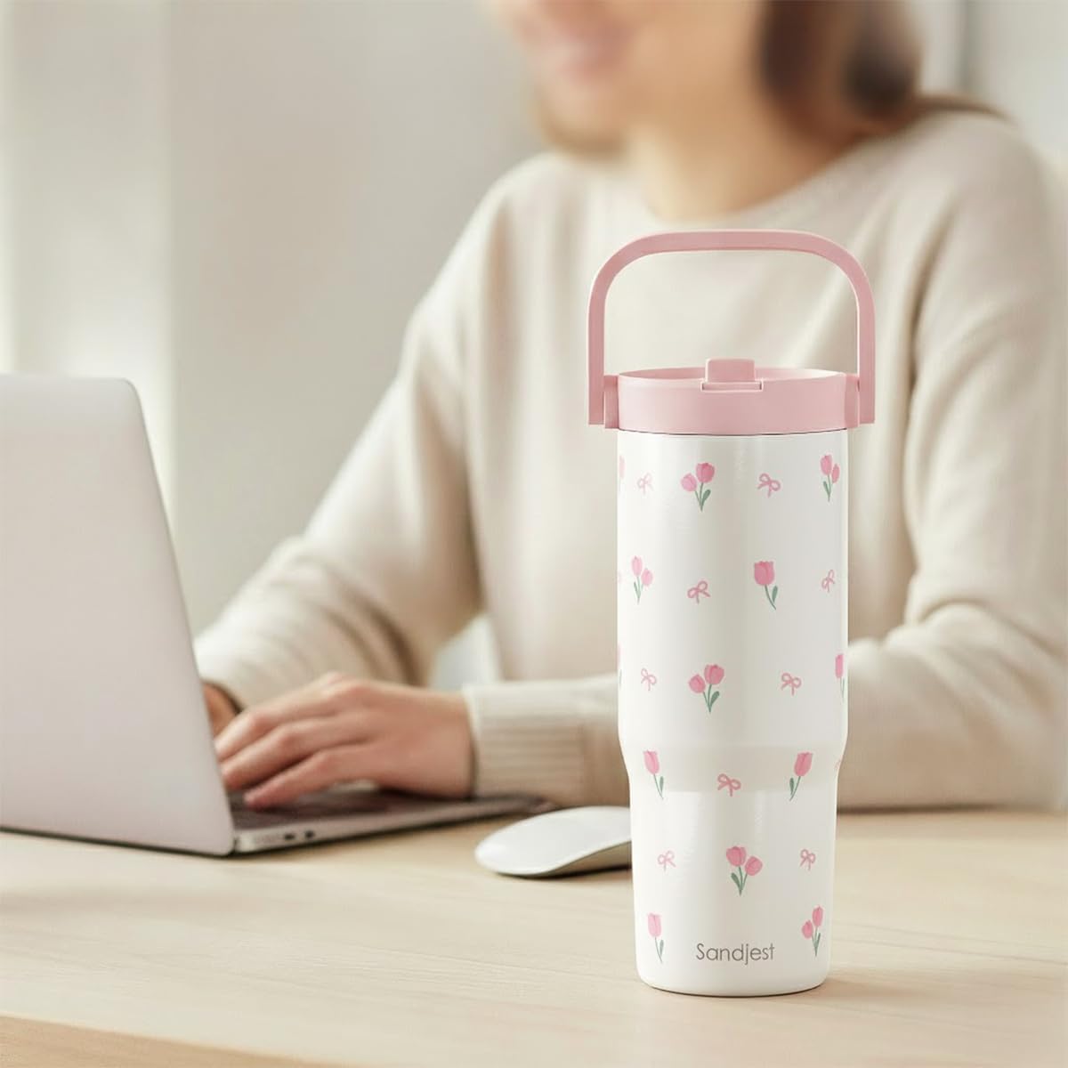 SANDJEST 30oz Insulated Tumbler with Stainless Steel Straw Lid - Perfect Travel Coffee Cup for Women & Girls