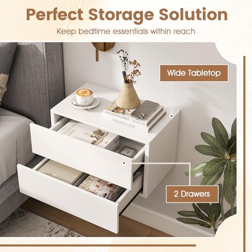 Floating Nightstand Set of 2 with Drawers, Wall Mounted - White, 16.5 x 12 x 11.5 in