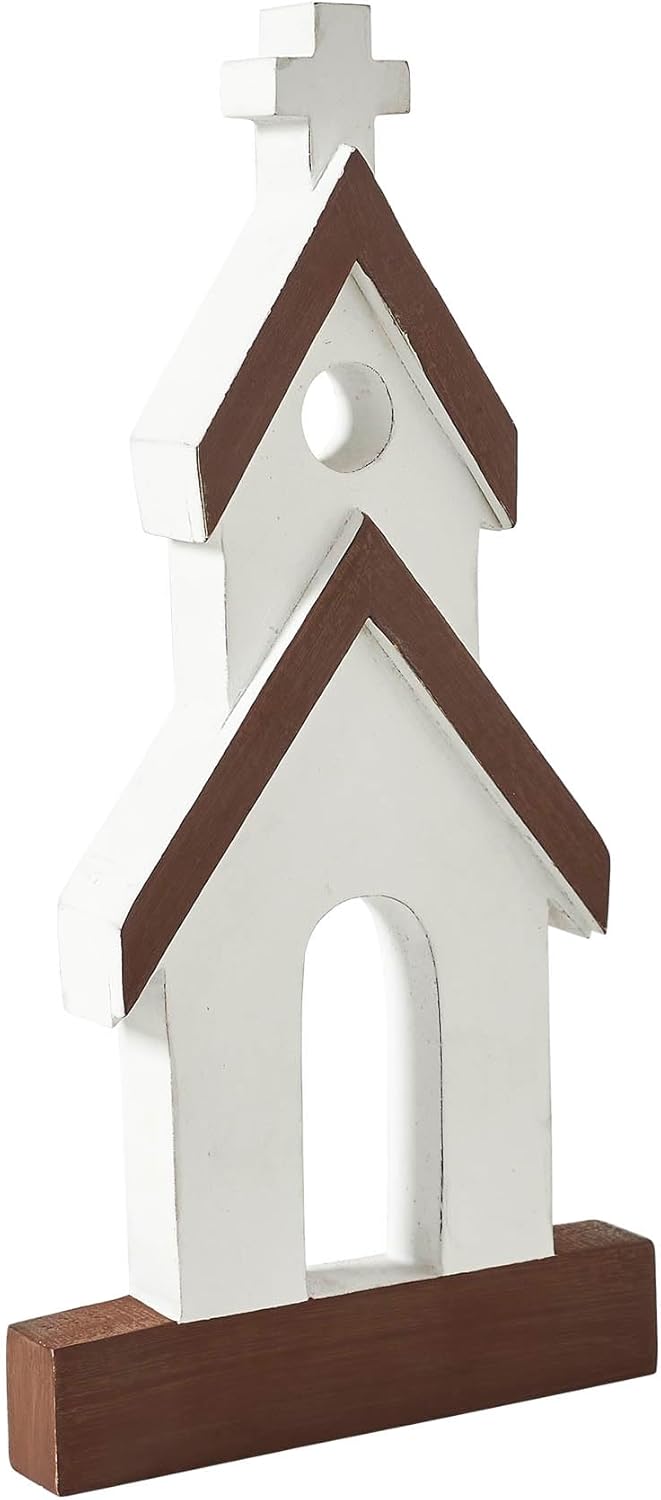 VHC Brands Wooden Church Figurine - Brown Roof Design | 12" x 6" x 1" Size