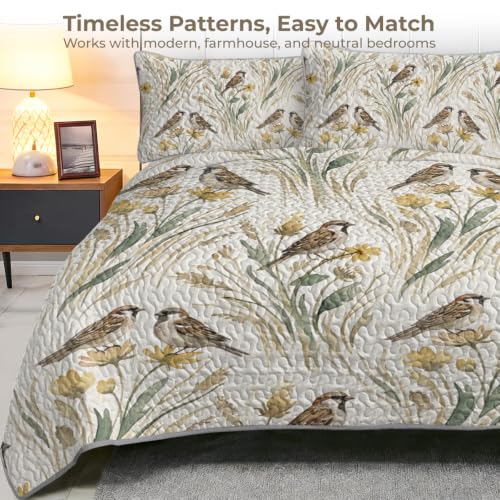 Sleepwish Nature Bird Floral Quilt Set - Wild Sparrow Autumn King Variation