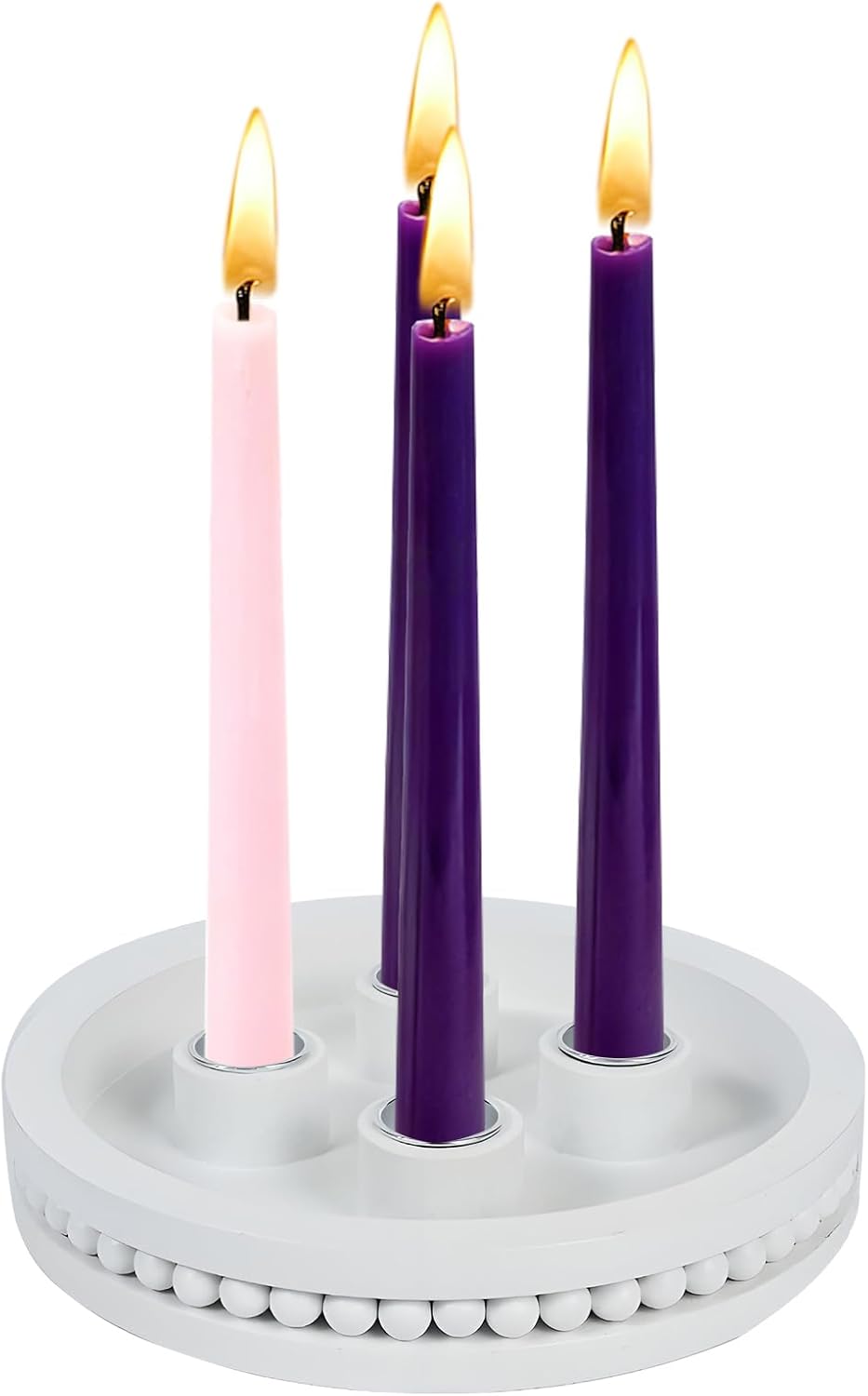 Skiennix 7-Inch Wooden Candle Holder - Advent Wreath with Bead Design for Christmas Decor | White