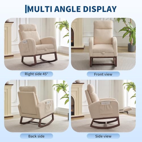 Nursery Rocking Chair with Adjustable Footrest & Side Pocket - Teddy Fleece-Beige