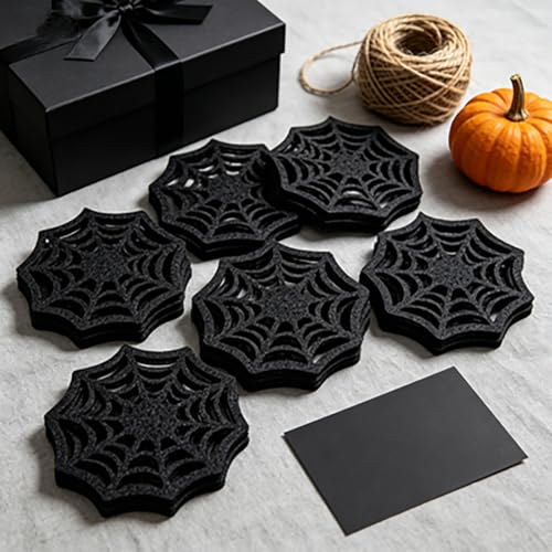 Halloween Black Spider Web Felt Coasters Set of 6 for Fall & Party Decor