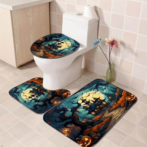 Halloween Haunted House Shower Curtain Set with Rugs - Black
