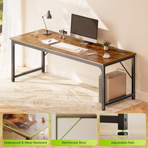 PRAISUN Rustic Brown 70 x 24 Inch Computer Desk with Power Outlets & USB-C - Reversible Setup