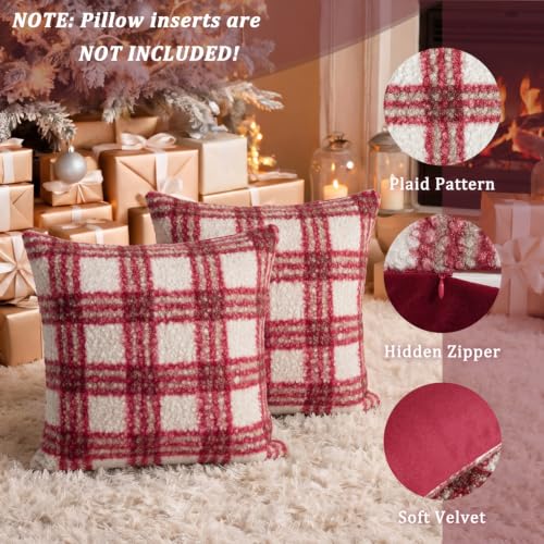 Christmas Throw Pillow Covers 24x24 Inch Set of 2 Buffalo Plaid Decorative Pillowcases - White Red, Farmhouse Rustic Holiday Decor