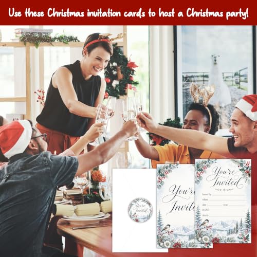 25Pcs Christmas Party Invitations with Envelopes and Stickers – Winter Holiday Set