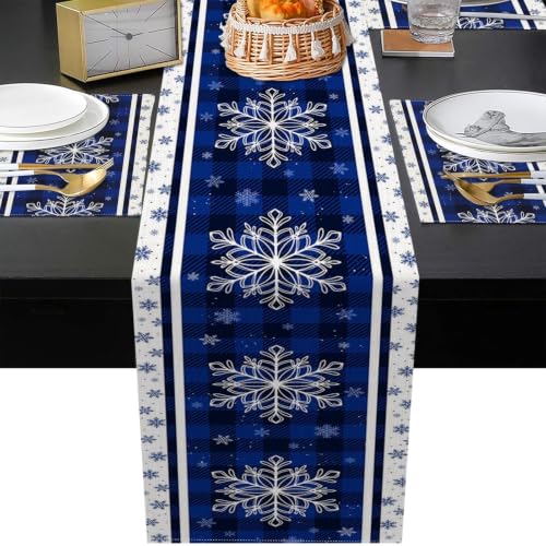 Christmas Blue Snowflake Table Runner and Placemats Set of 6 - Holiday Dining Decor