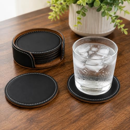 Black 4-Inch Round Leatherette Drink Coasters 6 Pack - Table Protectors