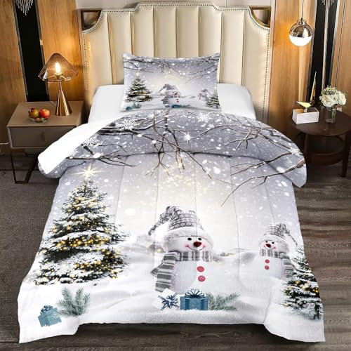 King Size Christmas Snowman Comforter Set - Snowy Forest Bedding, 104x90 Inch
