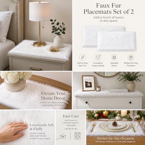 Faux Fur Placemats Set of 2 - White 12x18 Inch Washable Holiday Table Decor