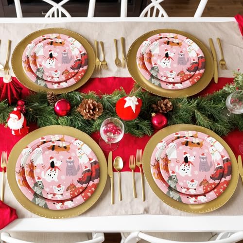 Christmas Dog Paper Plates Set - 9 & 7 Inch Pink Puppy Party Supplies, 30 Pcs - Variation: Christmas Dog