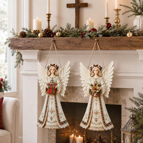 2Pcs Christmas Wooden Angel Door Sign - Foldable Holiday Hanging Decor - Angel Variation