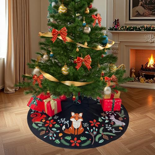 36 Inch Black Woodland Animals Christmas Tree Skirt - Reusable Holiday Decor