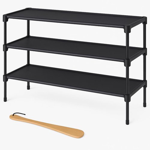 Shoe Rack - Non-Woven Shoe Rack Shelf, Shoe Organizer for Closet- Bedroom, Entryway, Garage & Corridor, Stackable Shoe Shelves, 27.5" Wide - 3 Tier, Black.