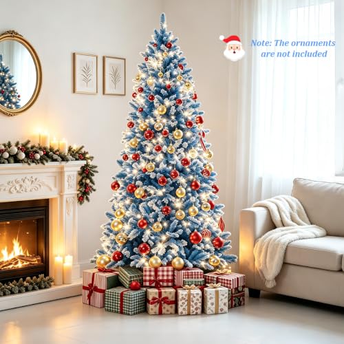7Ft Snow Flocked Artificial Blue Christmas Tree Pre-Lit with 8 Lighting Styles