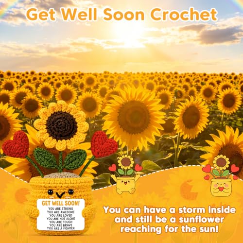 Get Well Soon Stress Relief Gift for Women & Men - Handmade Crochet Sunflower & Heart Decor