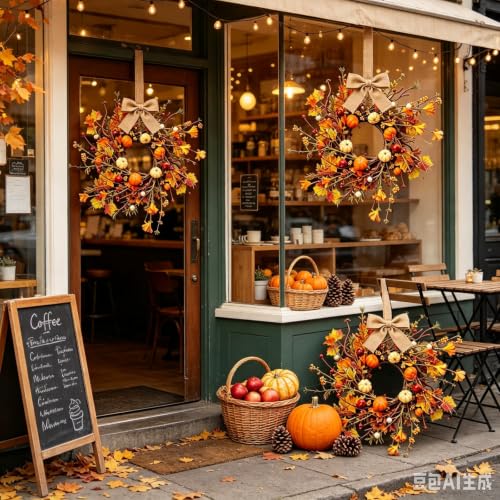 Fall Multi Mini Hanging Wreaths with Maple Leaves Pumpkins Berries Burlap Bow - Set of 4