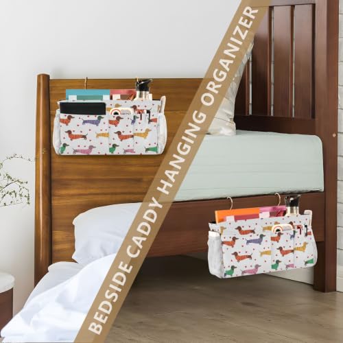 Dog Print Bedside Caddy Organizer for Dorm & Bunk Beds with Hooks