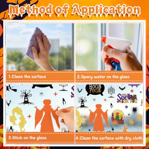 Hocus Pocus Window Clings Set - 9 Sheets, 70 Halloween Decals with Witch, Bats & Spiders - Variation of Hocus Pocus