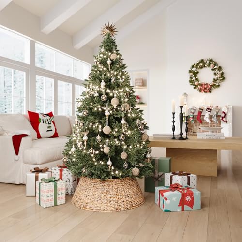 28 Inch Woven Rattan Christmas Tree Collar - Natural, 5-Piece Xmas Tree Skirt