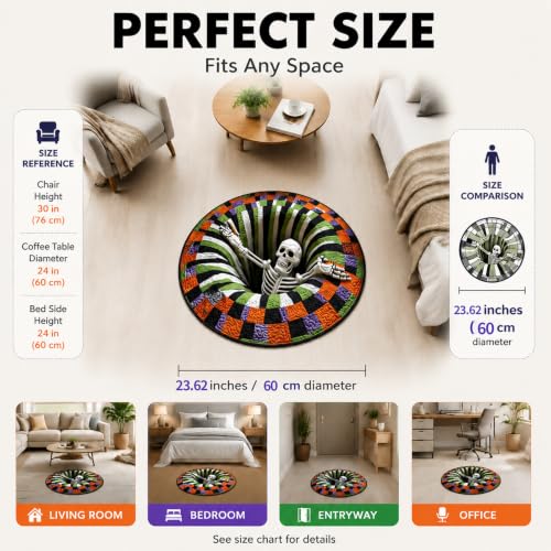 Halloween 3D Optical Illusion Rug - 24x24 Inch Spooky Ghosts Skeletons Pumpkins