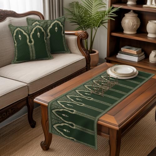83x20 Inch Forest Green Bed Runner & Pillow Cover Set for Queen Size Bed, Boho Ethnic Decor