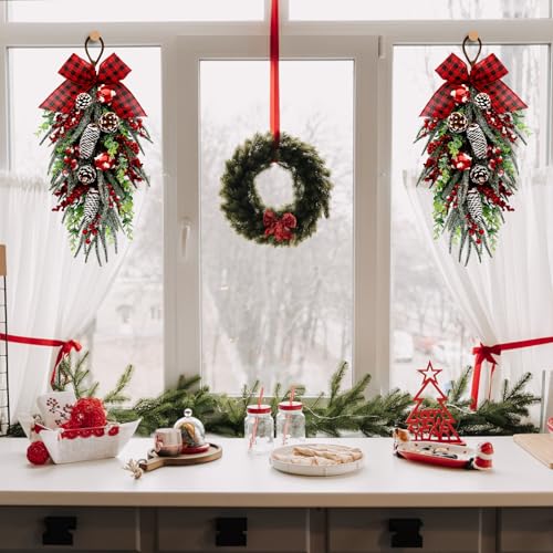 Christmas Teardrop Swag Decorations - Red Checked Bow, Pinecones & Bells, 28 Inch - Green Variation