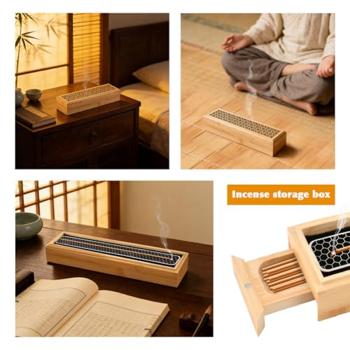 Wooden Incense Holder Burner with Double Layer Ash Catcher and Storage Drawer
