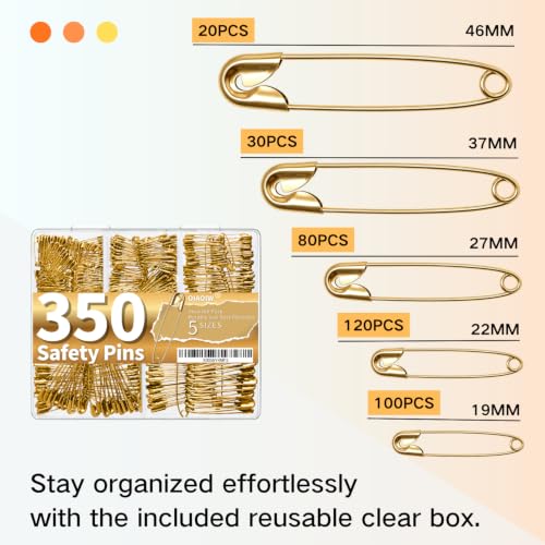 Gold Safety Pins Set 350 Pack Heavy Duty Assorted Sizes - Strong & Rust-Resistant