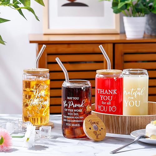 Employee Appreciation Gift Set - 12 Glass Cups with Bamboo Lids & Straws, 16oz, Christmas & Religious Gifts
