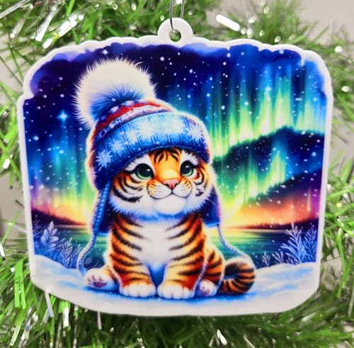 Tiger Cub Christmas Ornament with Northern Lights Scene - Holiday Decor