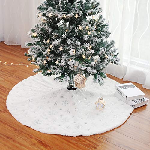 Christmas Tree Skirt 30 Inch Silver Snowflake Embroidery Faux Fur Decor