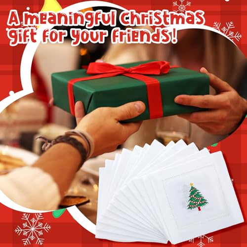 Christmas Linen Cocktail Napkins Set - Hemstitch 6 Pack - Xmas Tree Variation