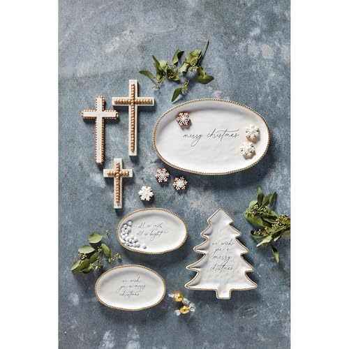 Christmas Tree Serving Platter - White Dolomite with Gold Beaded Rim