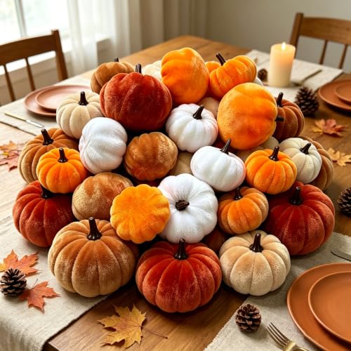 16Pcs Velvet Pumpkin Decor Set for Fall Halloween Thanksgiving - Realistic Plush Pumpkins