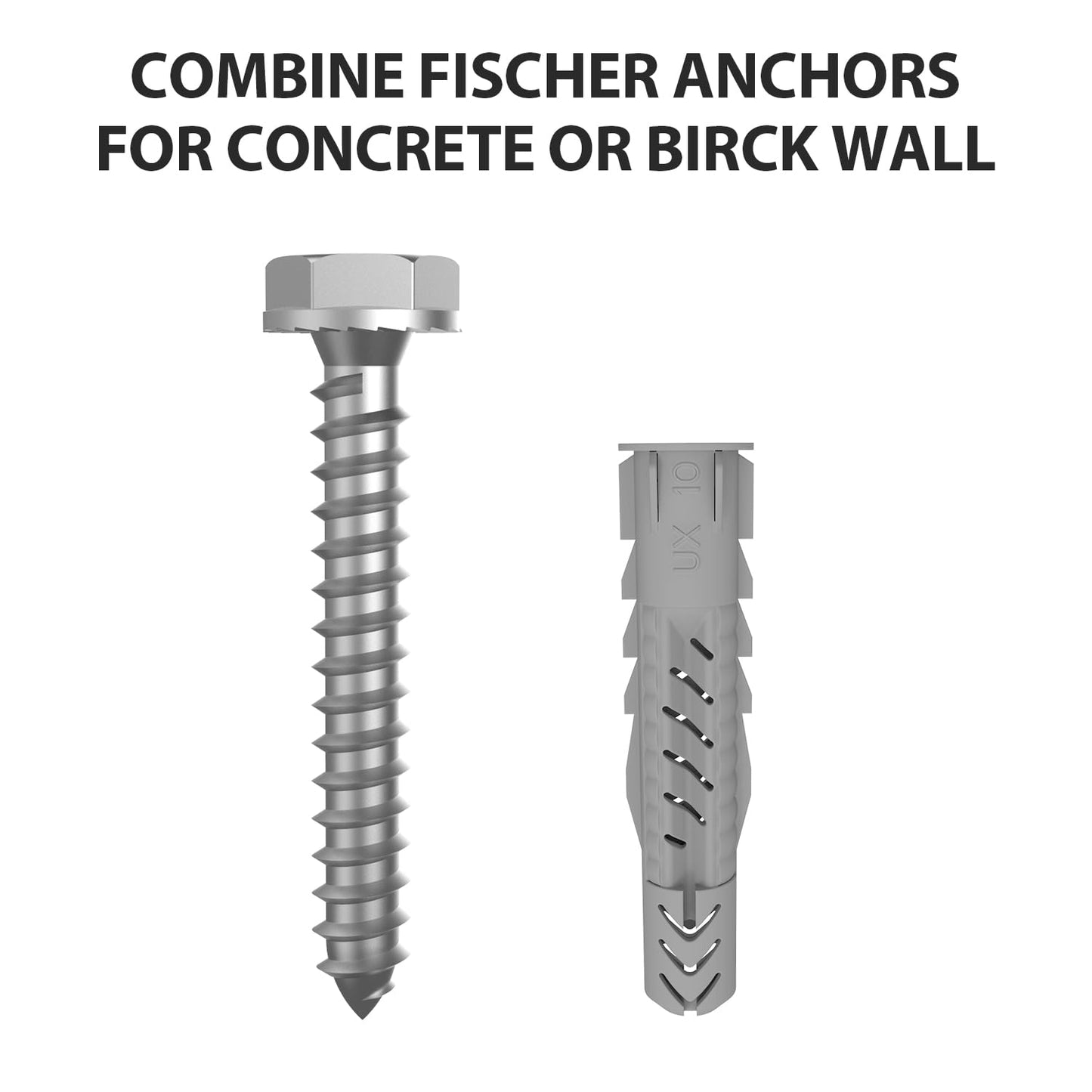 USX Mount Lag Bolt Kit - M8 Lag Bolts for Wood Studs & Fischer Anchors for Concrete Walls | Easy Installation Tools Included