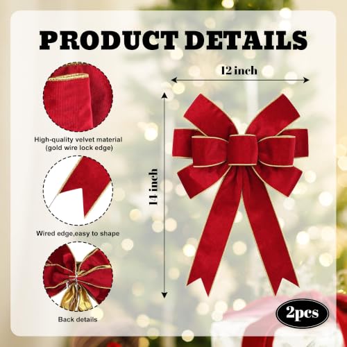Red Velvet Christmas Bows Set of 2 for Wreaths & Tree Toppers - Holiday Decor